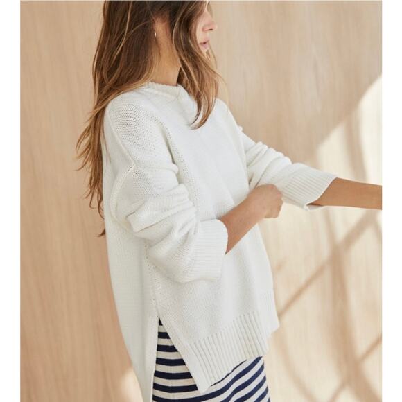 Jenni Kayne Chunky Crewneck Cotton Sweater Ivory White Boyfriend Everyday L - Picture 2 of 16